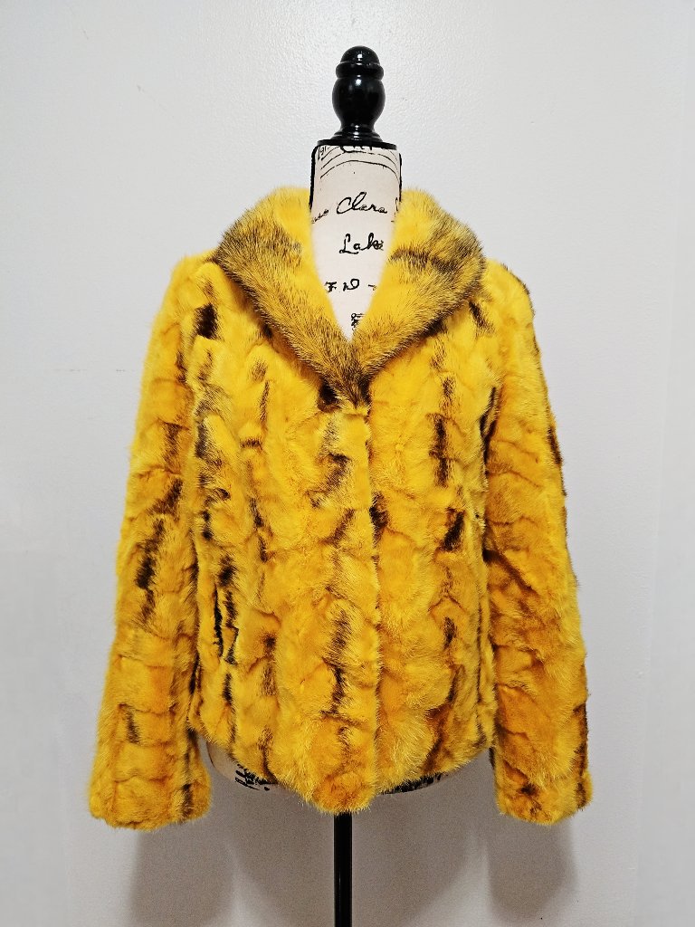New Real Mink Fur Coat Striped Mosaic Pieced Yellow Golden Saffron Yellow No Fox